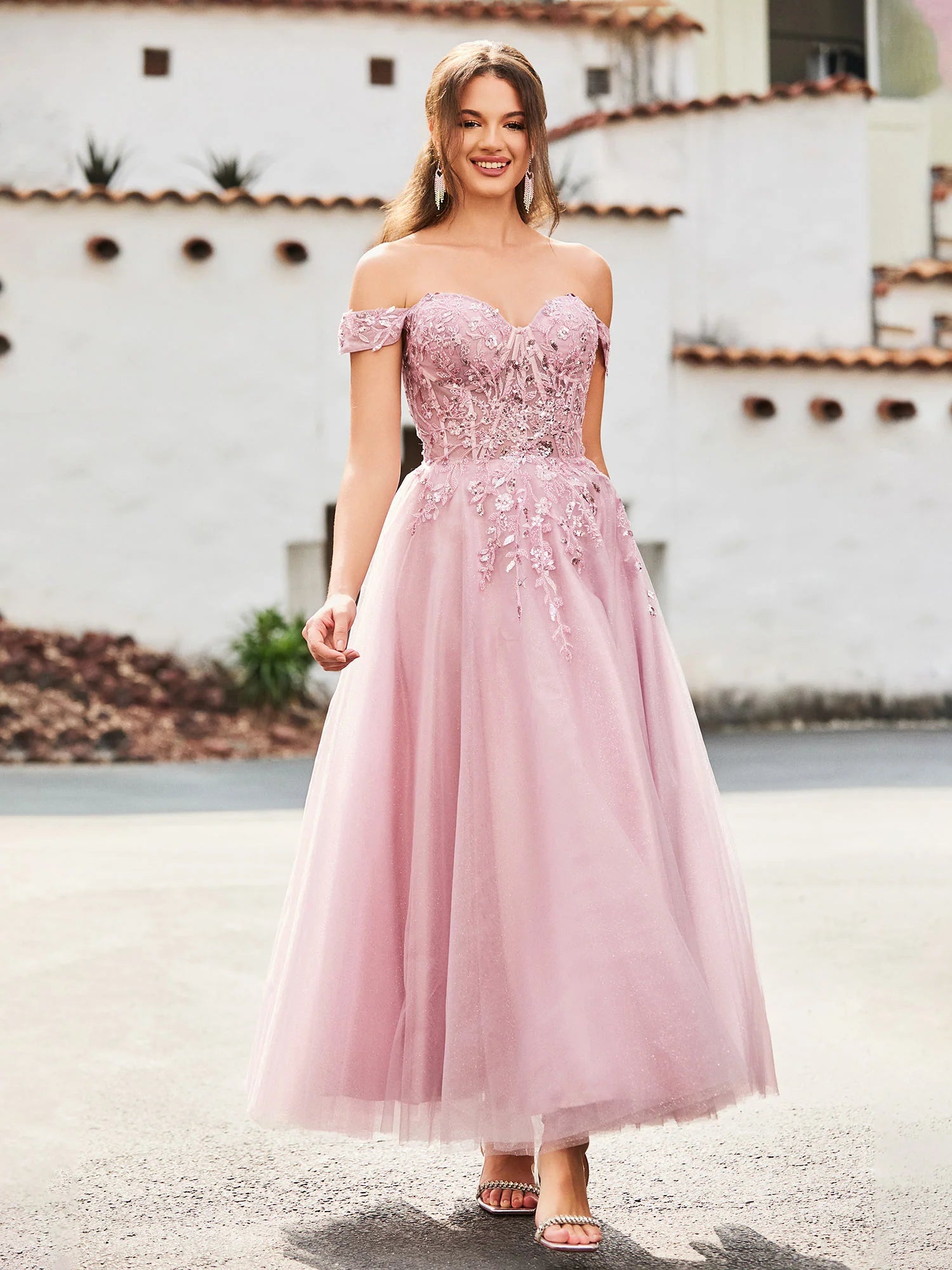 A-Line Sweetheart Off-the-Shoulder Short Sleeve Tulle Lace Applique Tea-Length Formal Prom Dress