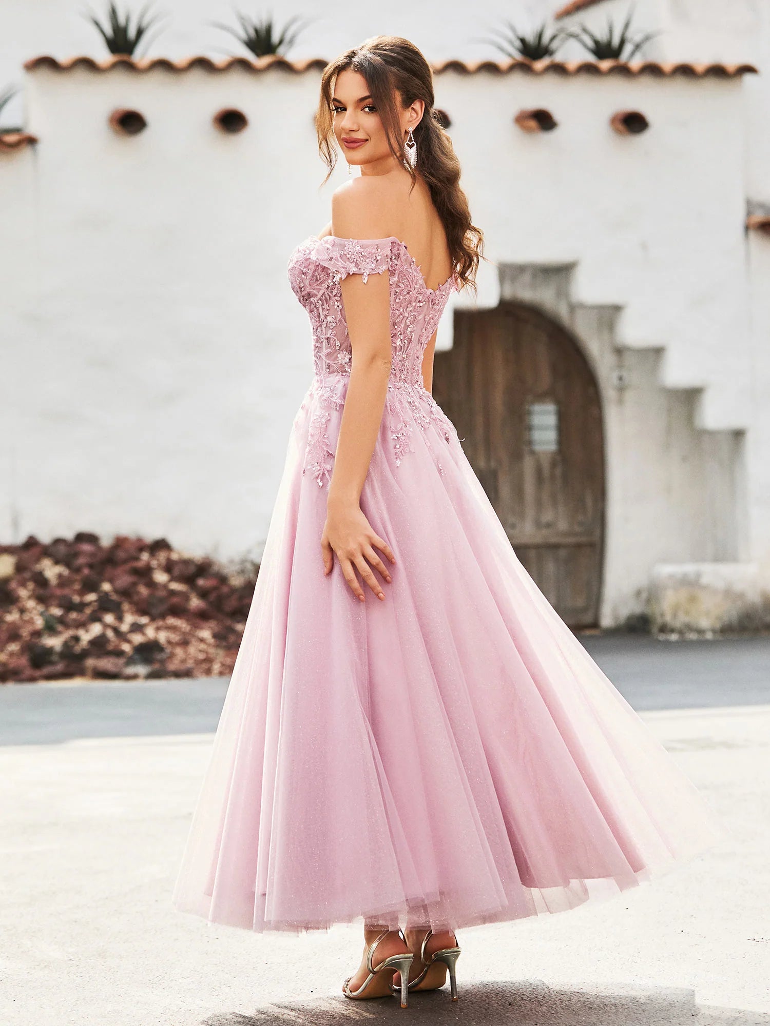 A-Line Sweetheart Off-the-Shoulder Short Sleeve Tulle Lace Applique Tea-Length Formal Prom Dress