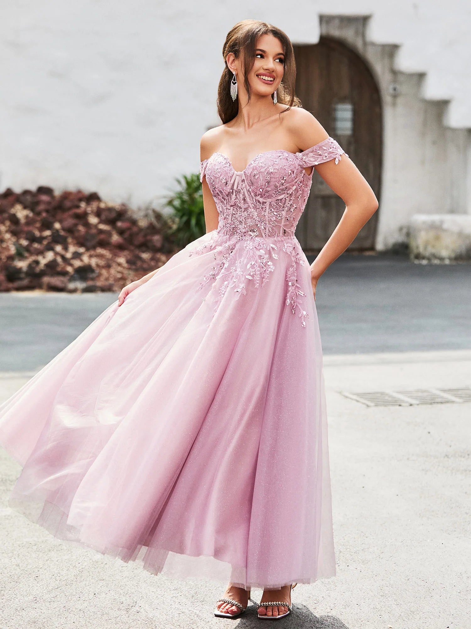 A-Line Sweetheart Off-the-Shoulder Short Sleeve Tulle Lace Applique Tea-Length Formal Prom Dress