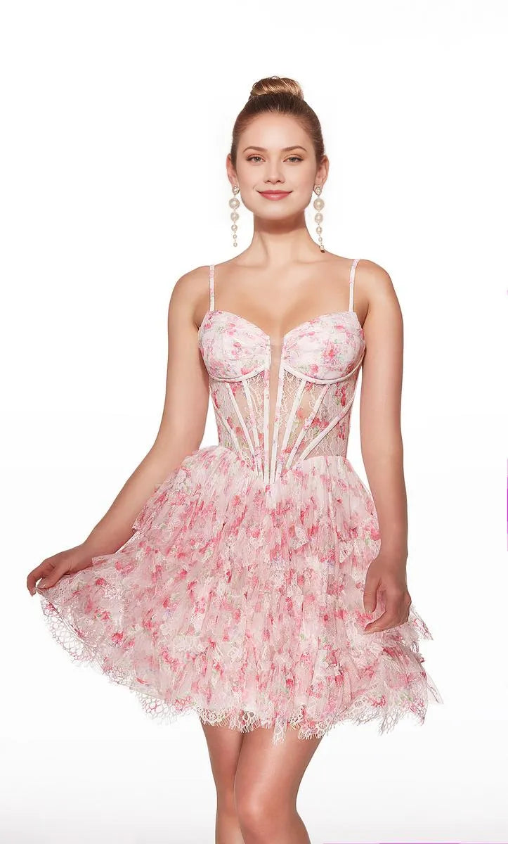 A-Line Sweetheart Spaghetti-Strap Lace Corset Tiered Mini Homecoming Dress