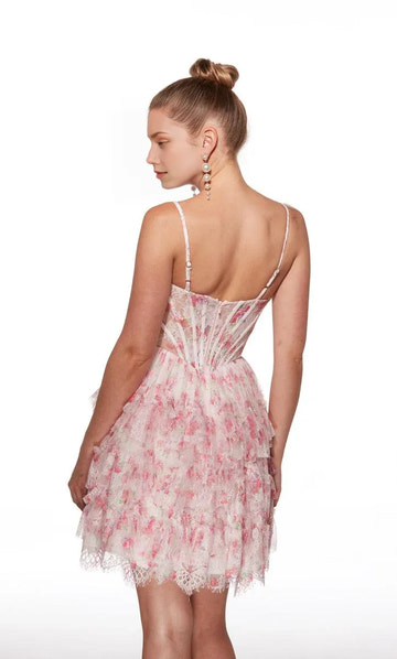 A-Line Sweetheart Spaghetti-Strap Lace Corset Tiered Mini Homecoming Dress