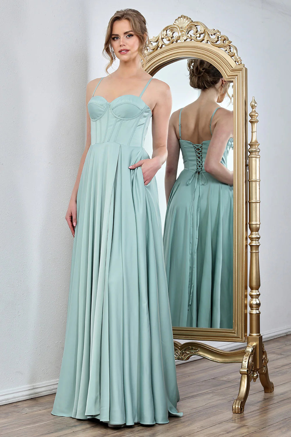 A-Line Sweetheart Spaghetti-Strap Satin Wedding Guest Dress Long Corset Bridesmaids Dress