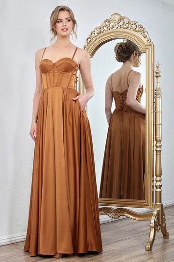 A-Line Sweetheart Spaghetti-Strap Satin Wedding Guest Dress Long Corset Bridesmaids Dress