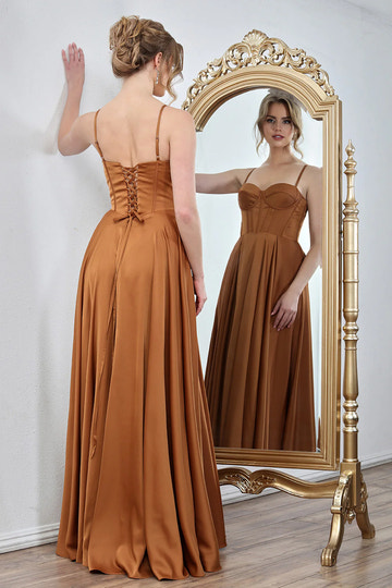 A-Line Sweetheart Spaghetti-Strap Satin Wedding Guest Dress Long Corset Bridesmaids Dress