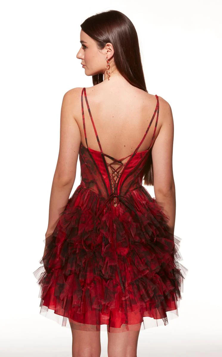 A-Line Sweetheart Spaghetti-Strap Tulle Print Corset Tiered Mini Cocktail Dress