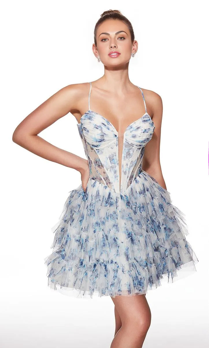 A-Line Sweetheart Spaghetti-Strap Tulle Print Corset Tiered Mini Cocktail Dress