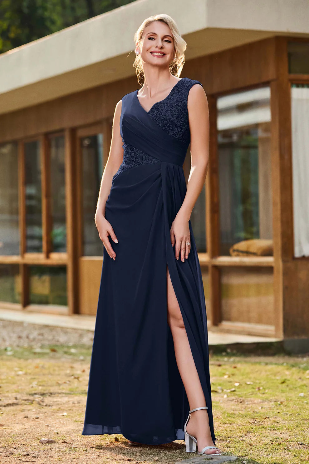 Pleated Lace Chiffon A-Line V-Neck Mother of the Bride Dress Floor-Length Gown with Slit