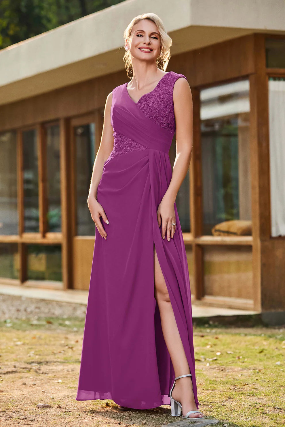 Pleated Lace Chiffon A-Line V-Neck Mother of the Bride Dress Floor-Length Gown with Slit
