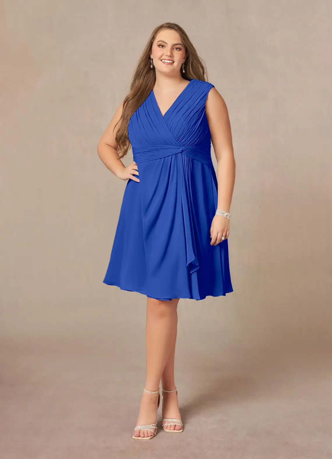 Elegant A-Line V-Neck Chiffon Knee Mother of the Bride Dress with Ruched Ruffle