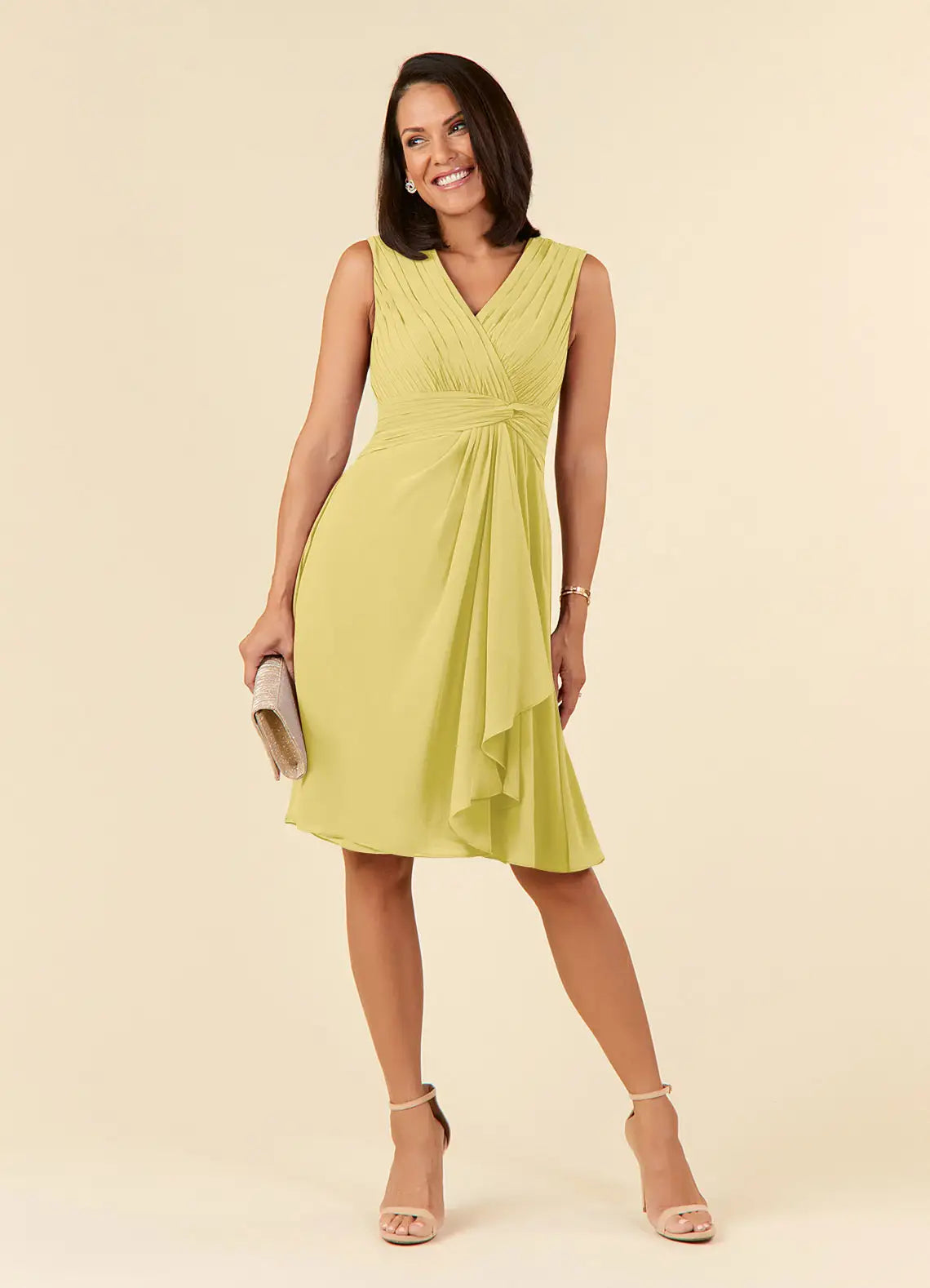 Elegant A-Line V-Neck Chiffon Knee Mother of the Bride Dress with Ruched Ruffle