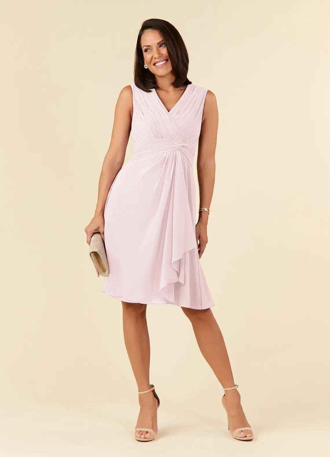 Elegant A-Line V-Neck Chiffon Knee Mother of the Bride Dress with Ruched Ruffle
