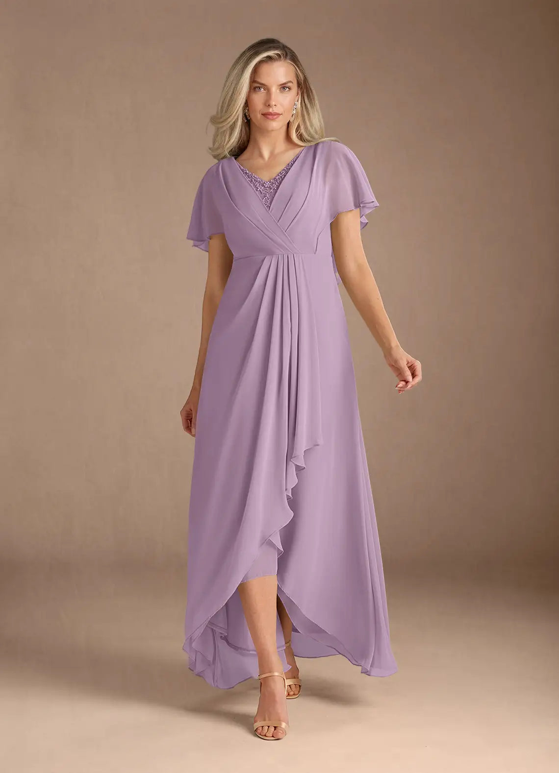 A-Line V-Neck Chiffon Pleated Maxi Dress with Capelet Mother of the Bride Dress