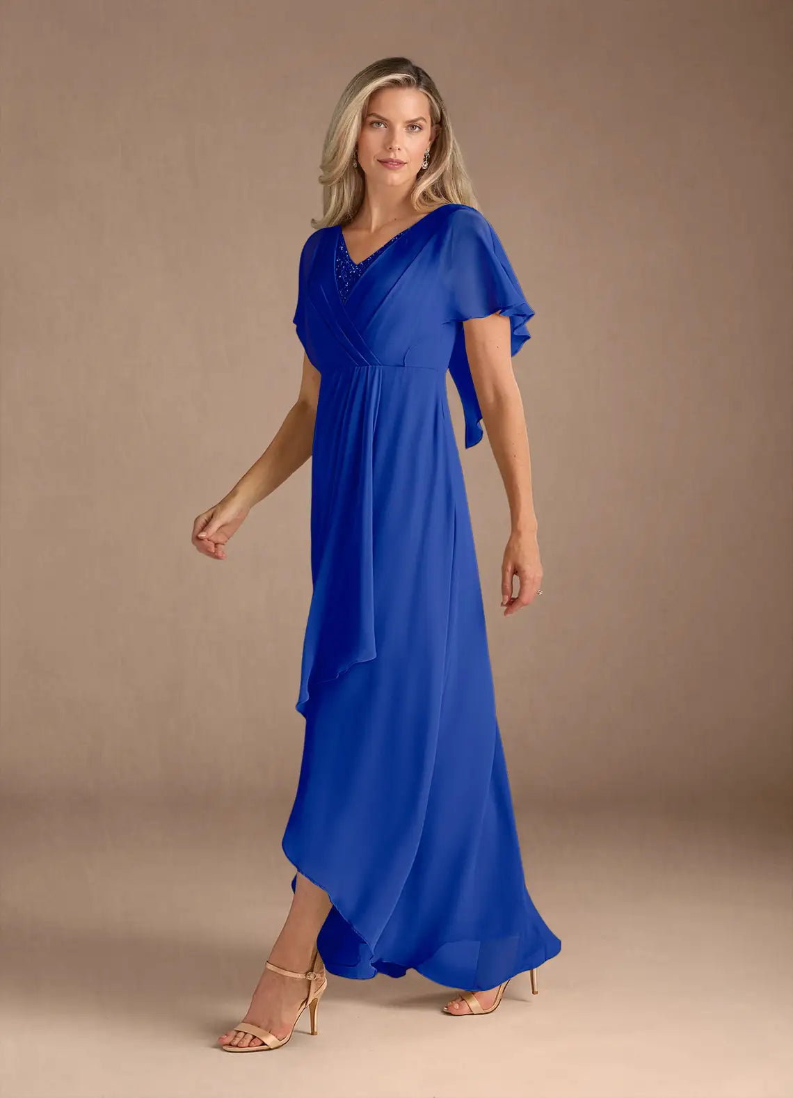 A-Line V-Neck Chiffon Pleated Maxi Dress with Capelet Mother of the Bride Dress
