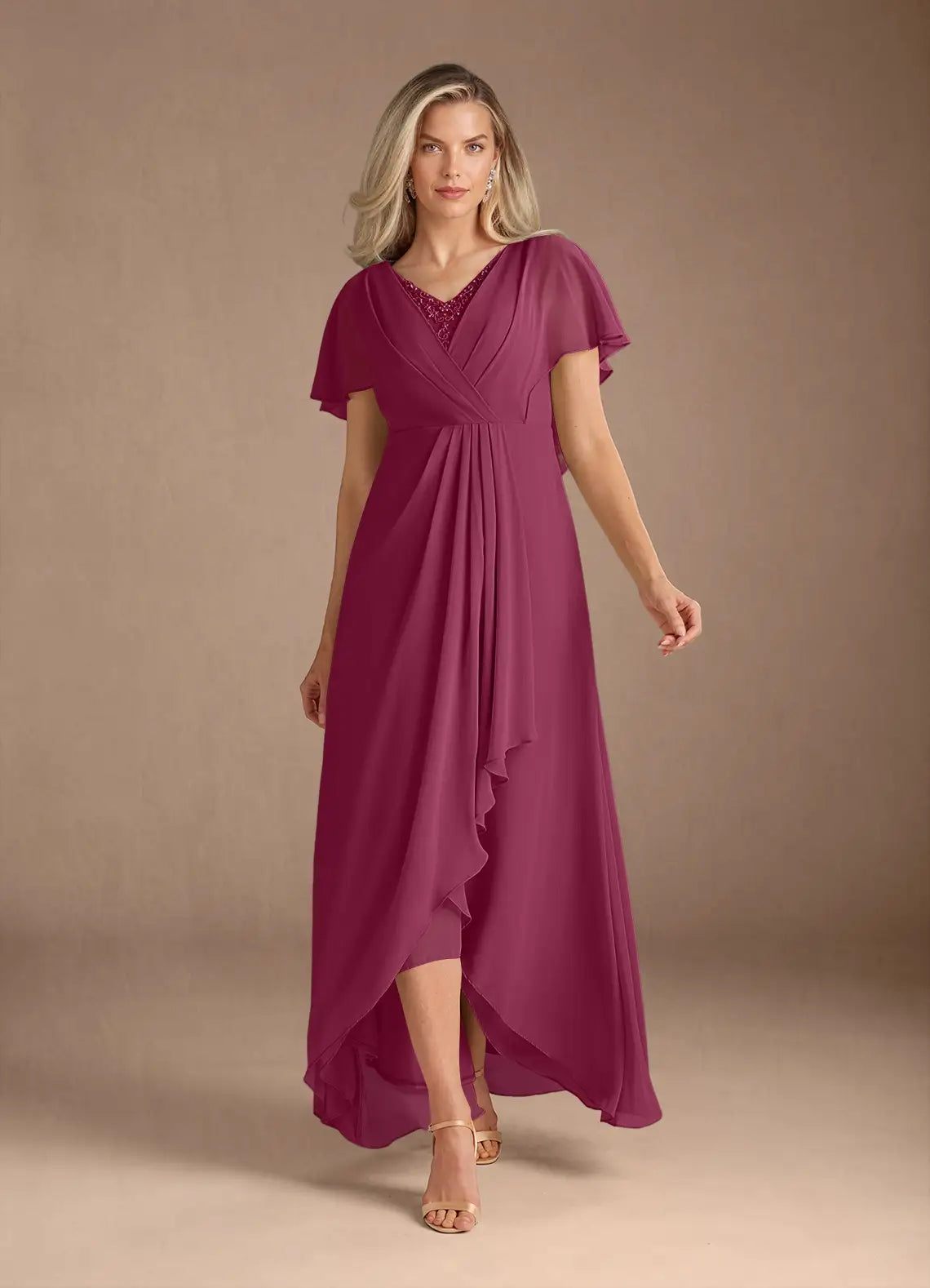 A-Line V-Neck Chiffon Pleated Maxi Dress with Capelet Mother of the Bride Dress