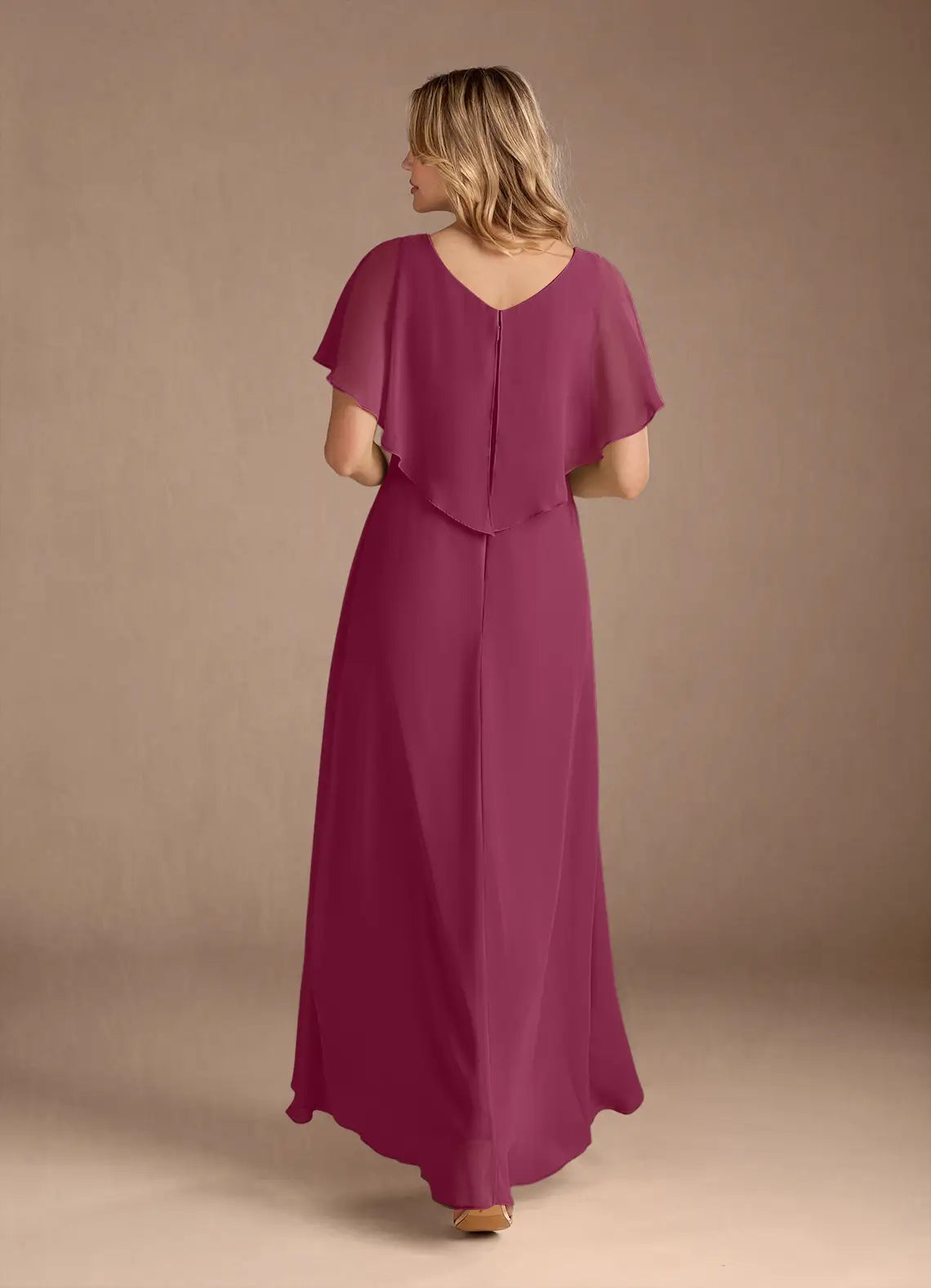 A-Line V-Neck Chiffon Pleated Maxi Dress with Capelet Mother of the Bride Dress