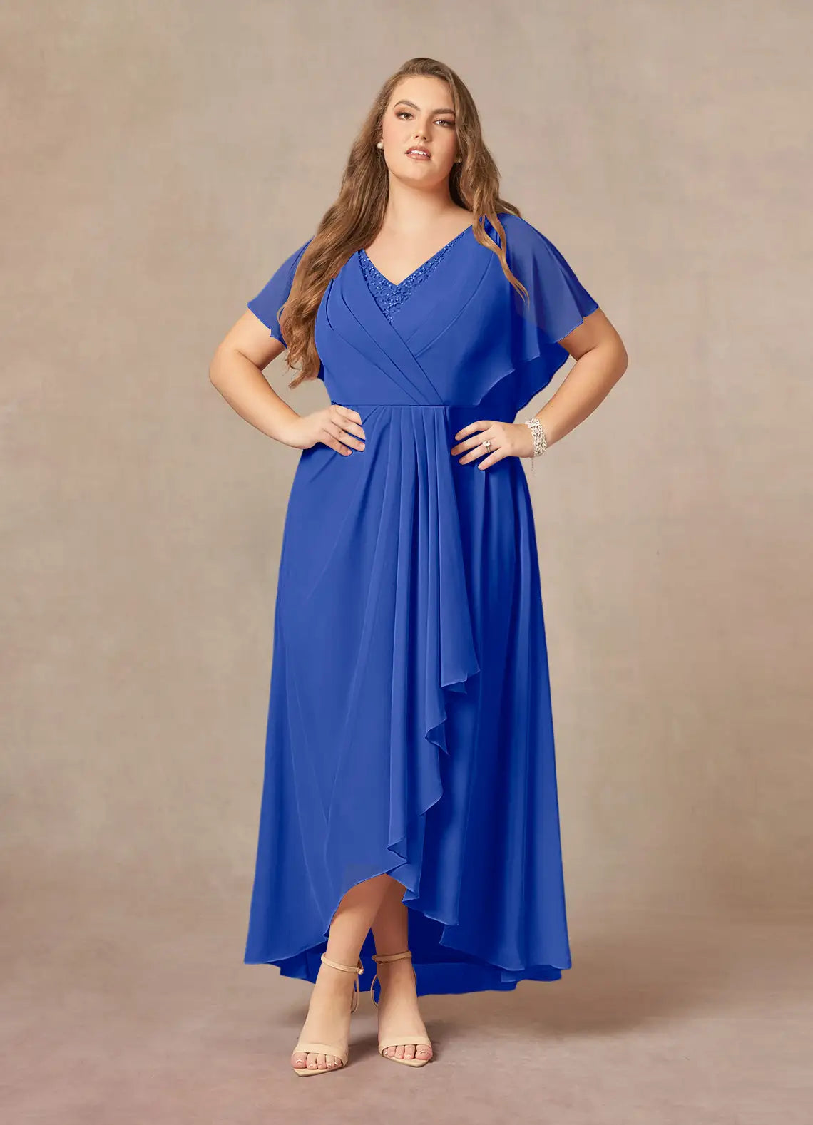 A-Line V-Neck Chiffon Pleated Maxi Dress with Capelet Mother of the Bride Dress