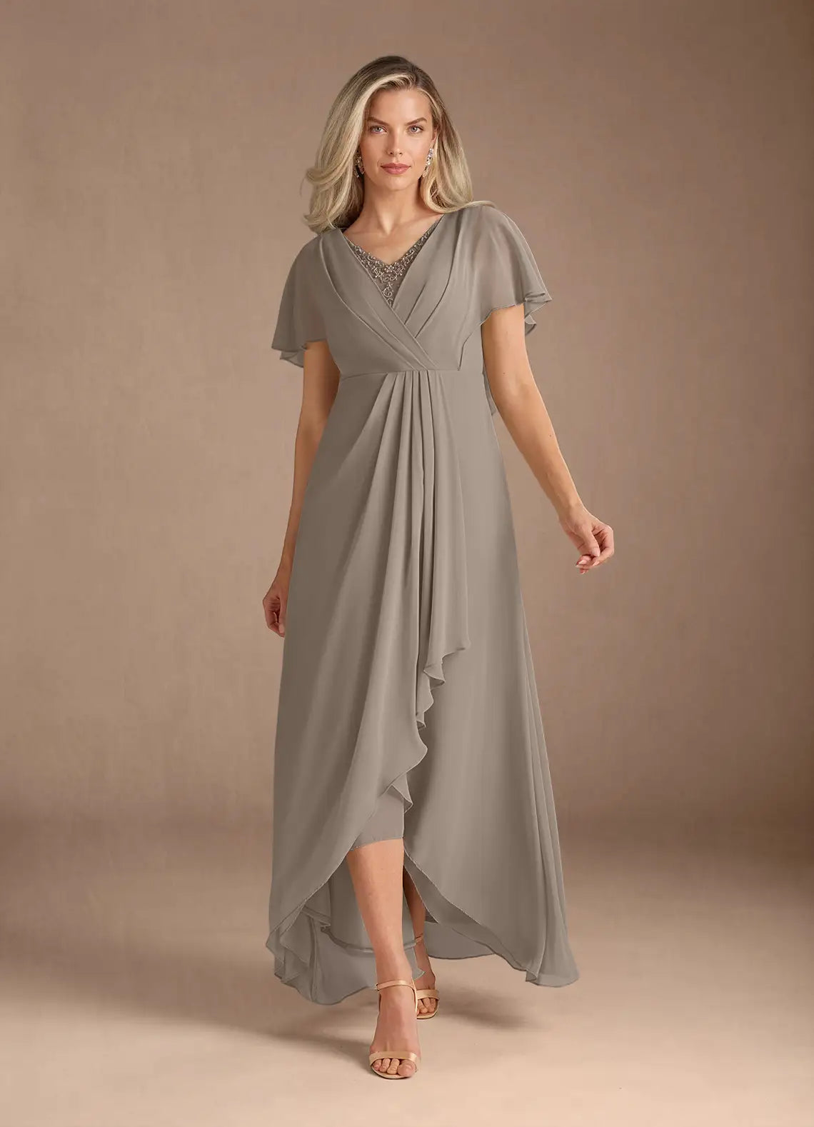 A-Line V-Neck Chiffon Pleated Maxi Dress with Capelet Mother of the Bride Dress