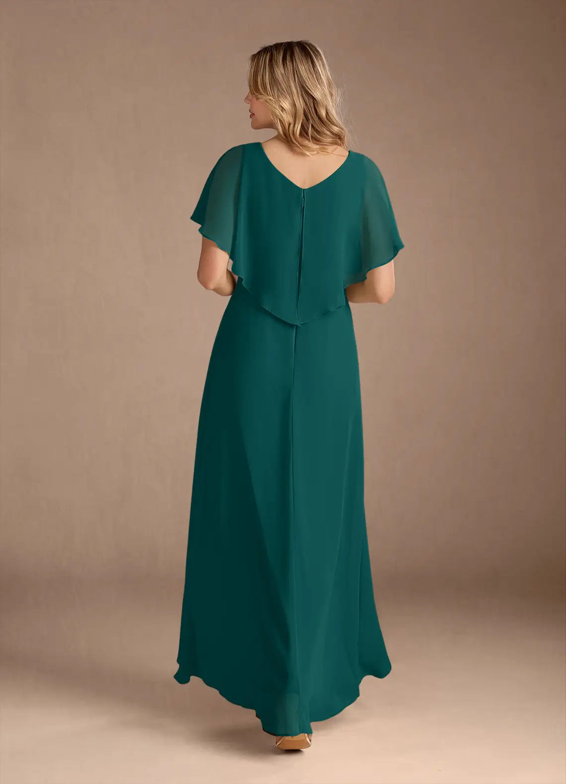 A-Line V-Neck Chiffon Pleated Maxi Dress with Capelet Mother of the Bride Dress