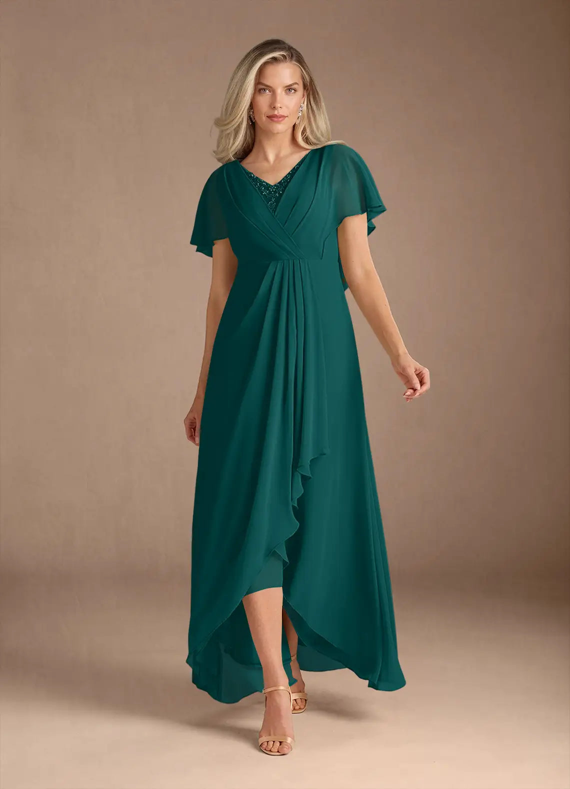 A-Line V-Neck Chiffon Pleated Maxi Dress with Capelet Mother of the Bride Dress