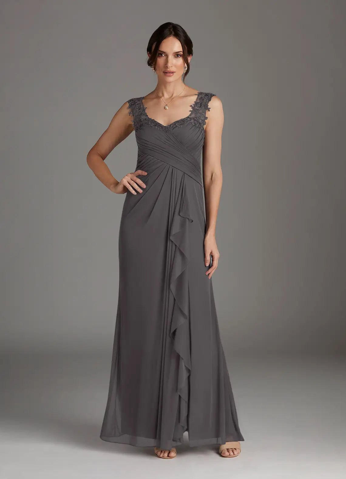 Elegant A-Line V-Neck Chiffon Mother of the Bride Dress with Lace Ruffle Detail