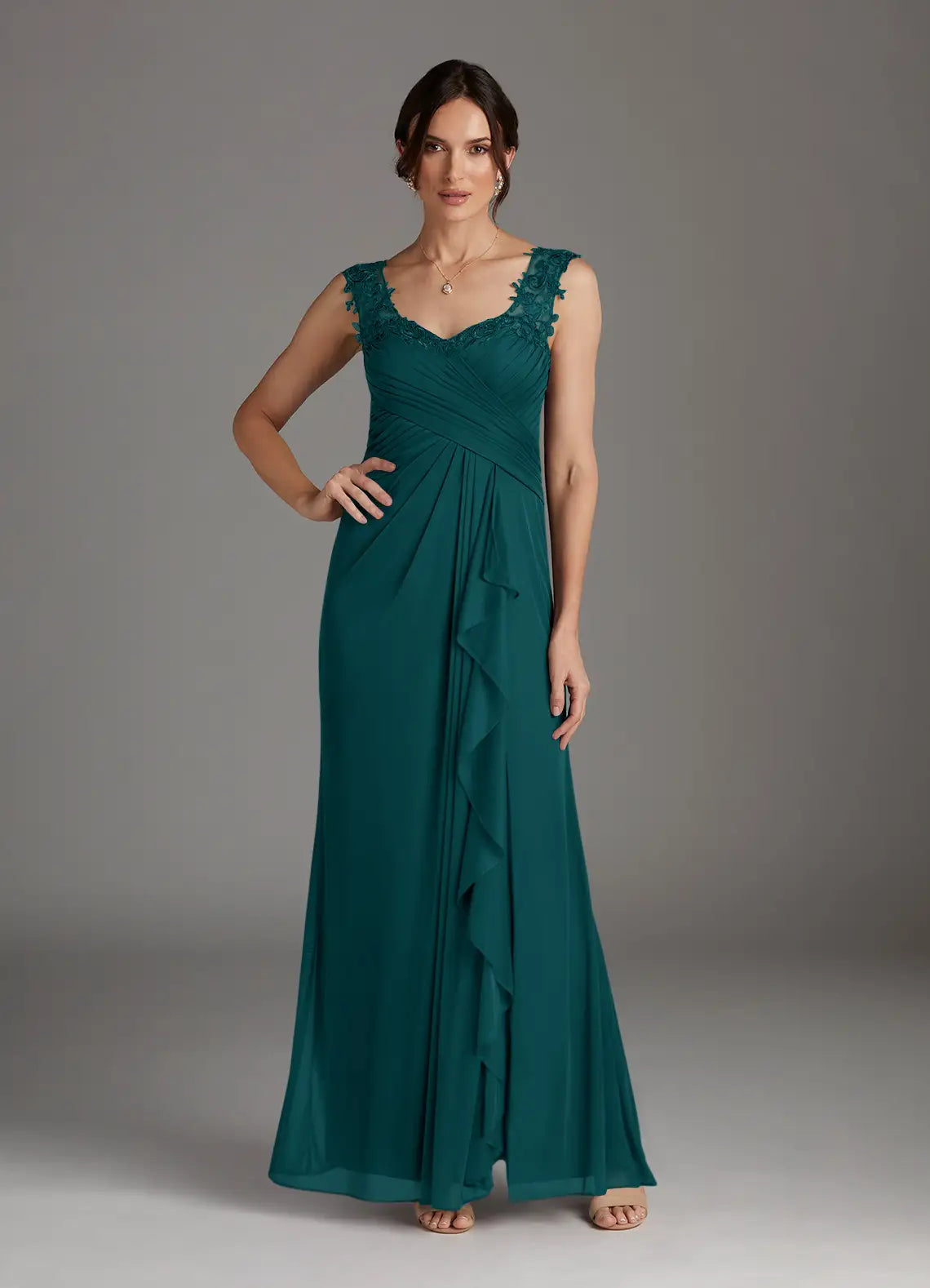 Elegant A-Line V-Neck Chiffon Mother of the Bride Dress with Lace Ruffle Detail