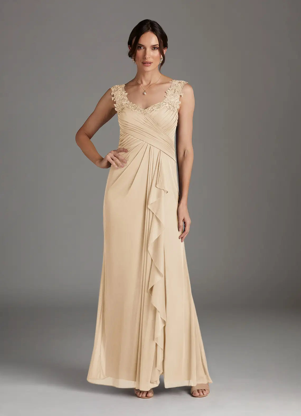 Elegant A-Line V-Neck Chiffon Mother of the Bride Dress with Lace Ruffle Detail
