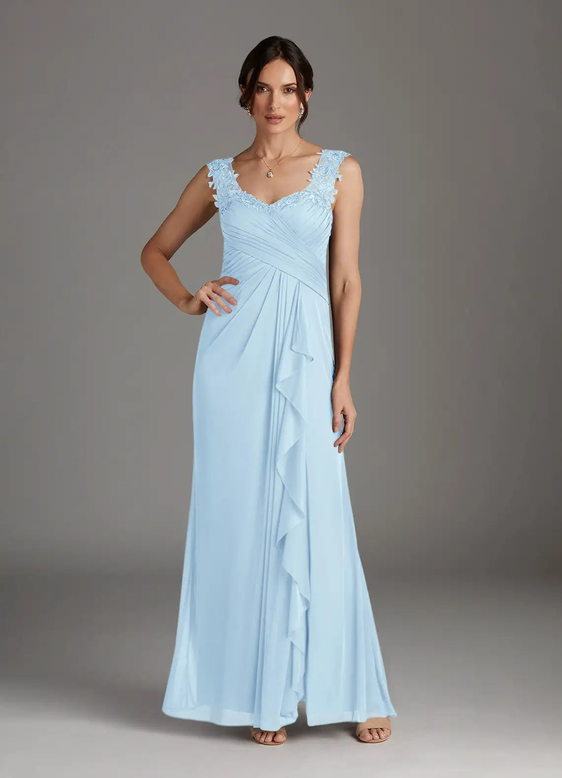 Elegant A-Line V-Neck Chiffon Mother of the Bride Dress with Lace Ruffle Detail