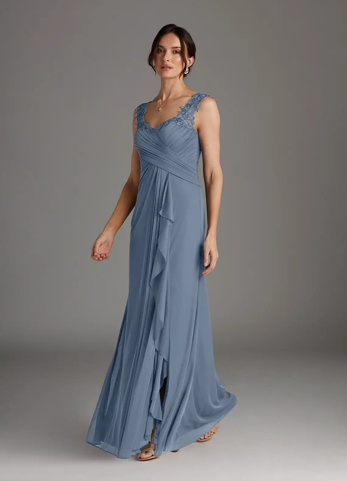 Elegant A-Line V-Neck Chiffon Mother of the Bride Dress with Lace Ruffle Detail