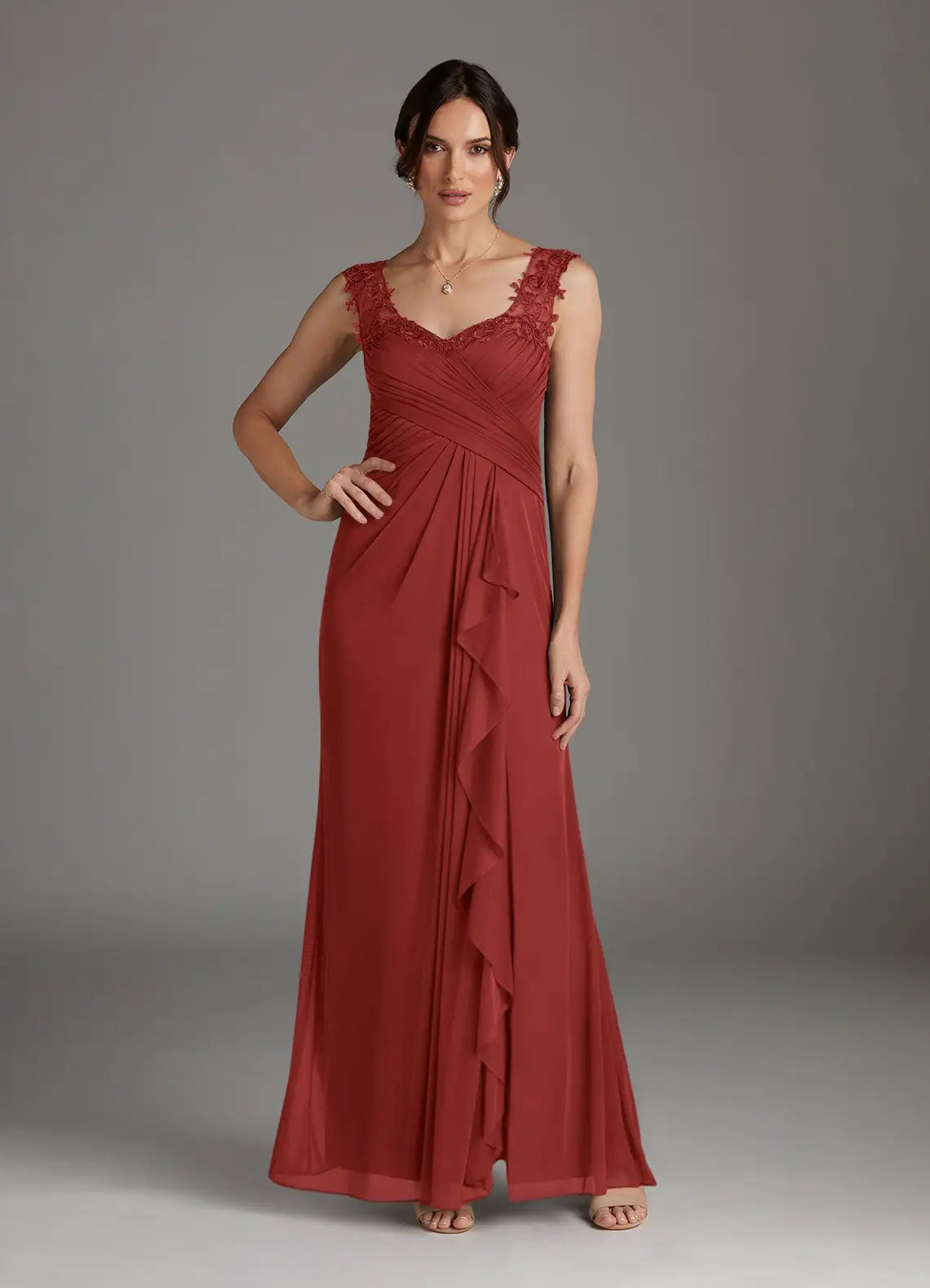 Elegant A-Line V-Neck Chiffon Mother of the Bride Dress with Lace Ruffle Detail