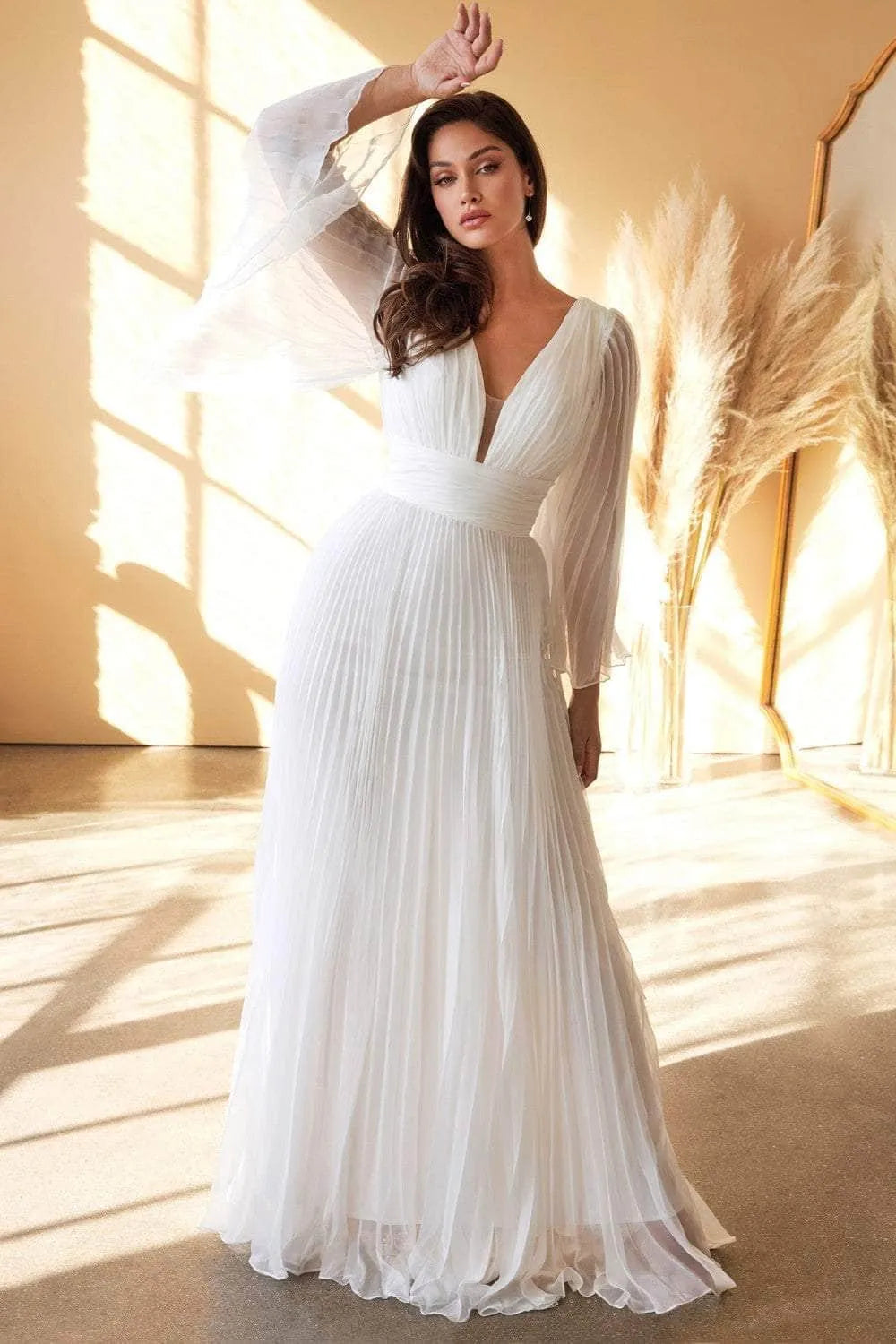 Elegant A-Line V-Neck Chiffon Flutter Sleeve Maxi Evening Dress with Pleated