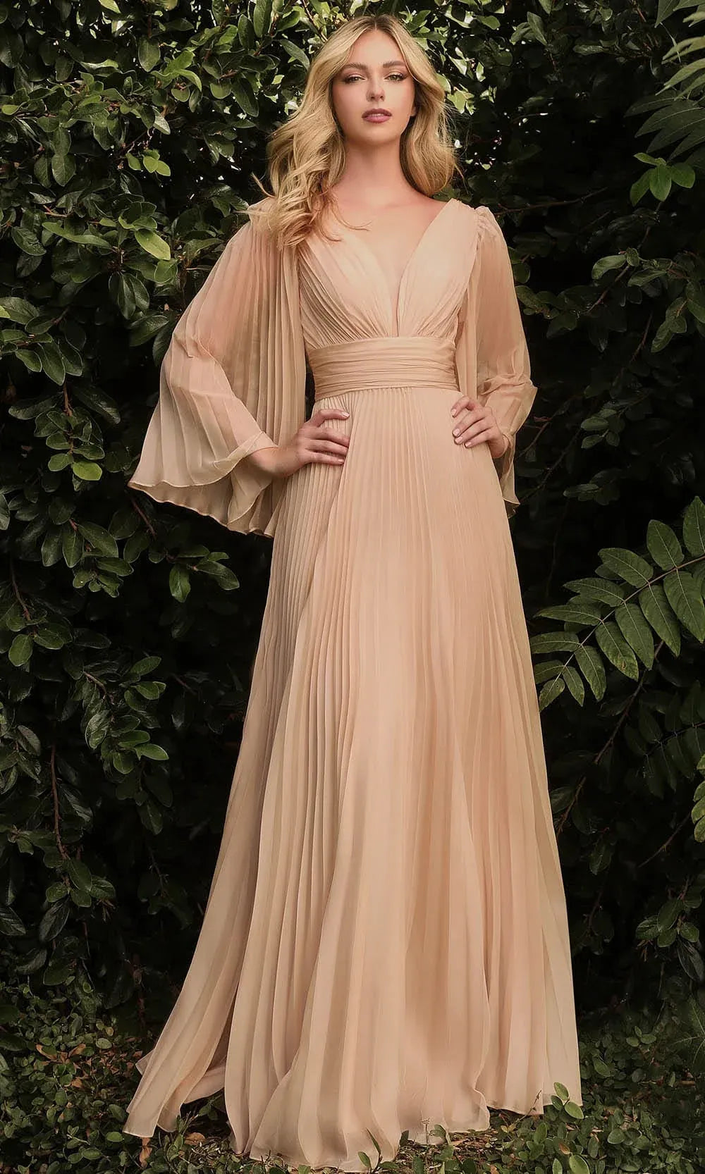 Elegant A-Line V-Neck Chiffon Flutter Sleeve Maxi Evening Dress with Pleated