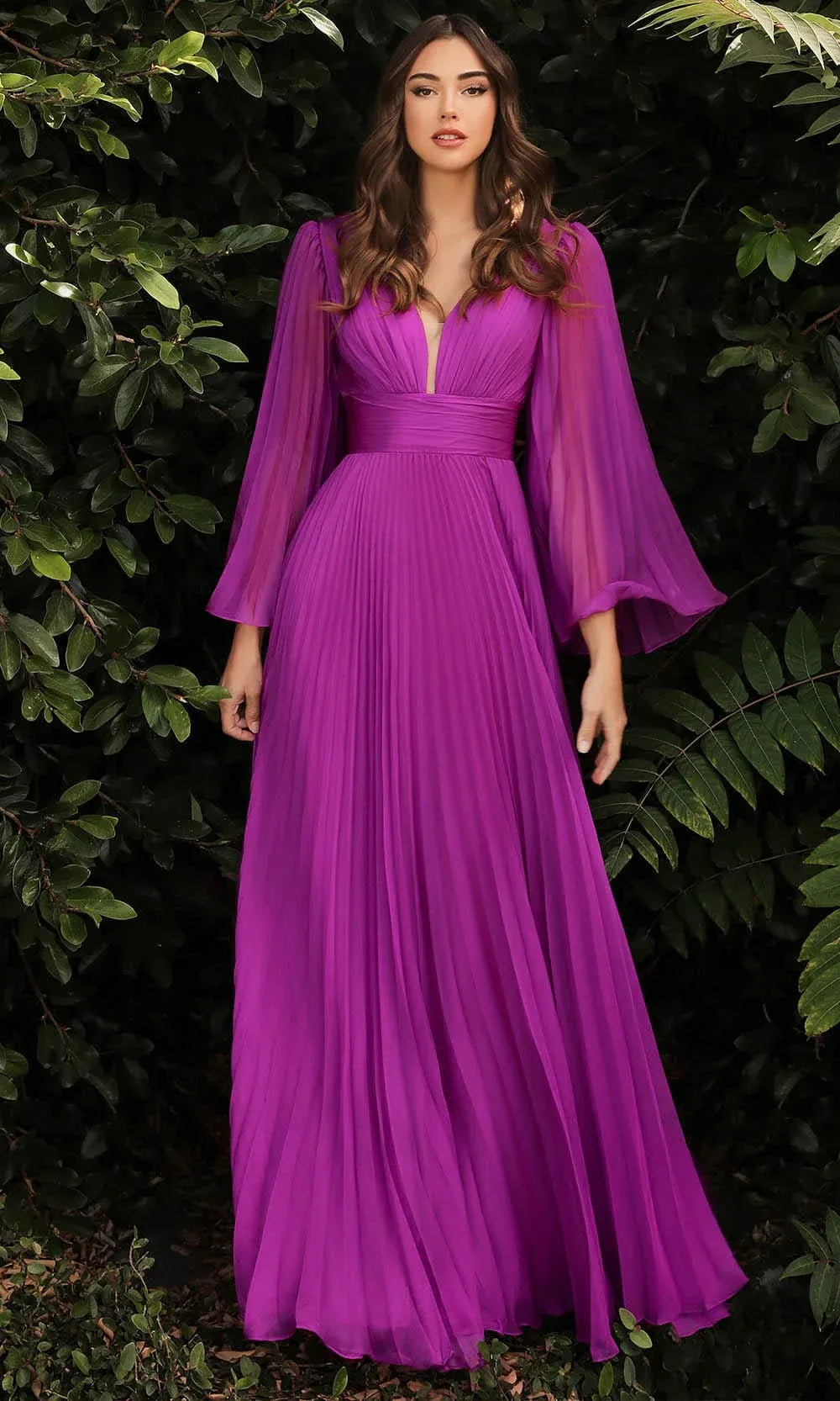 Elegant A-Line V-Neck Chiffon Flutter Sleeve Maxi Evening Dress with Pleated