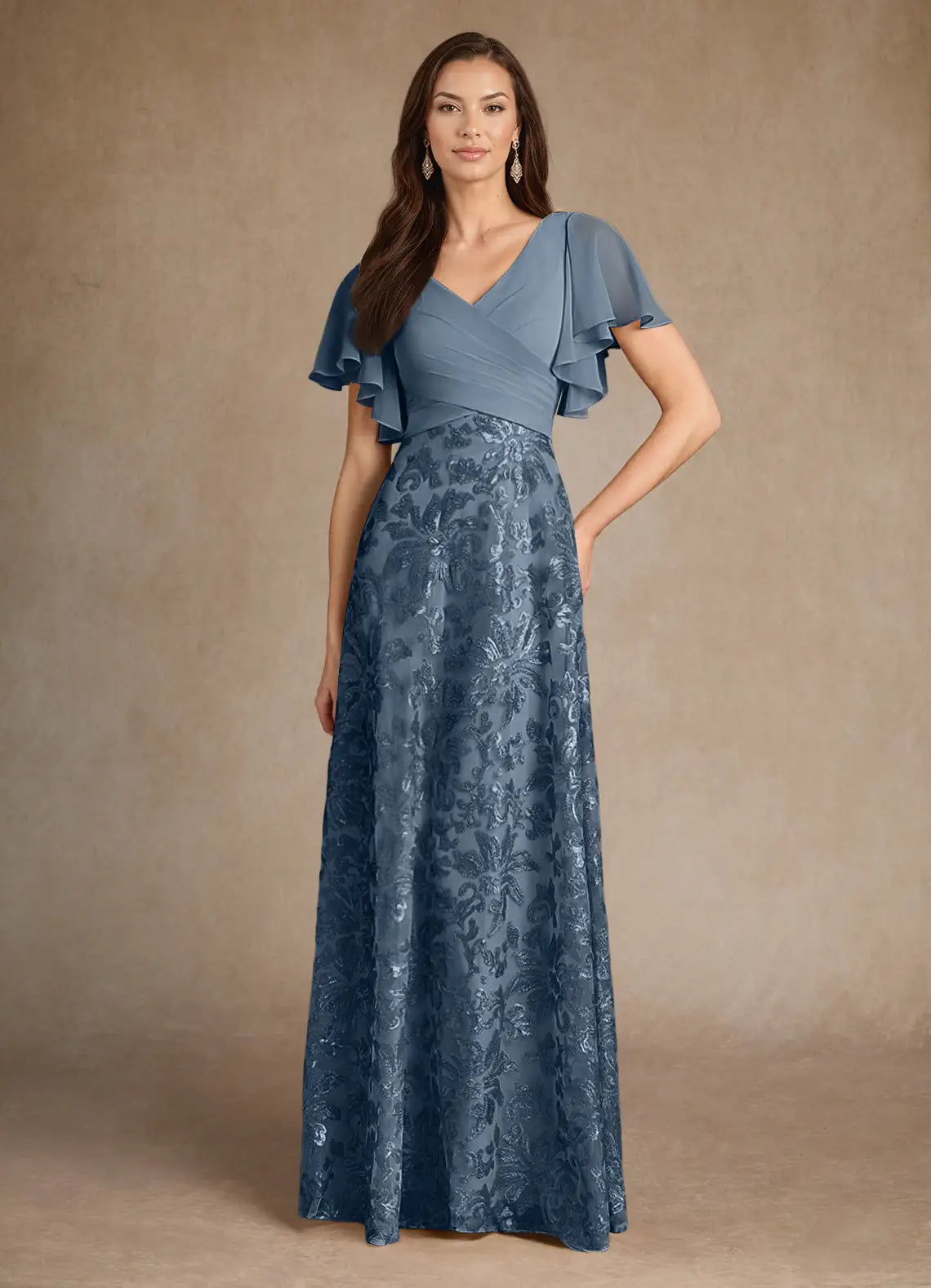 Elegant A-Line V-Neck Pleated Chiffon Sequin Floor Length Mother of the Bride Dress
