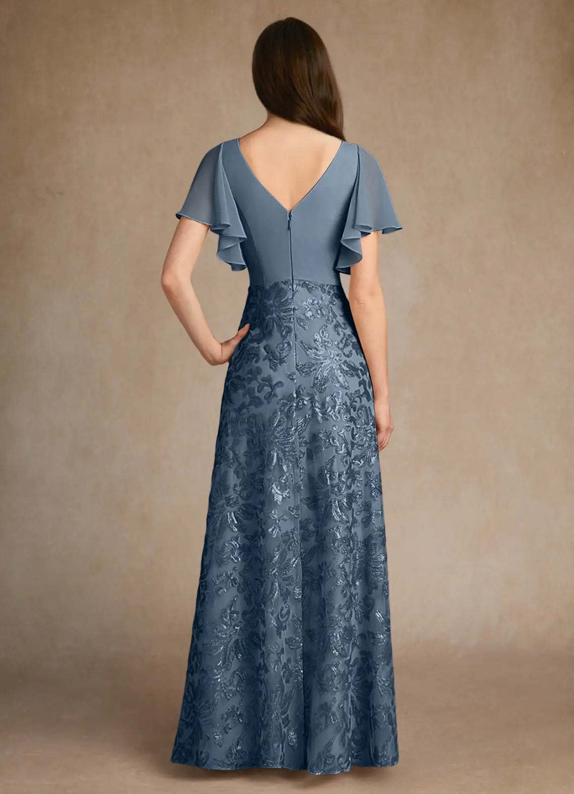 Elegant A-Line V-Neck Pleated Chiffon Sequin Floor Length Mother of the Bride Dress