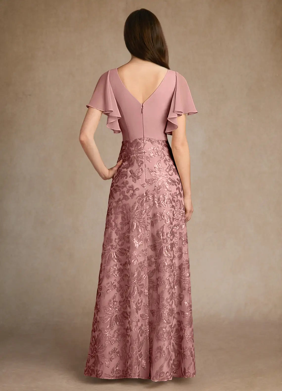 Elegant A-Line V-Neck Pleated Chiffon Sequin Floor Length Mother of the Bride Dress