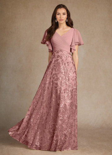Elegant A-Line V-Neck Pleated Chiffon Sequin Floor Length Mother of the Bride Dress