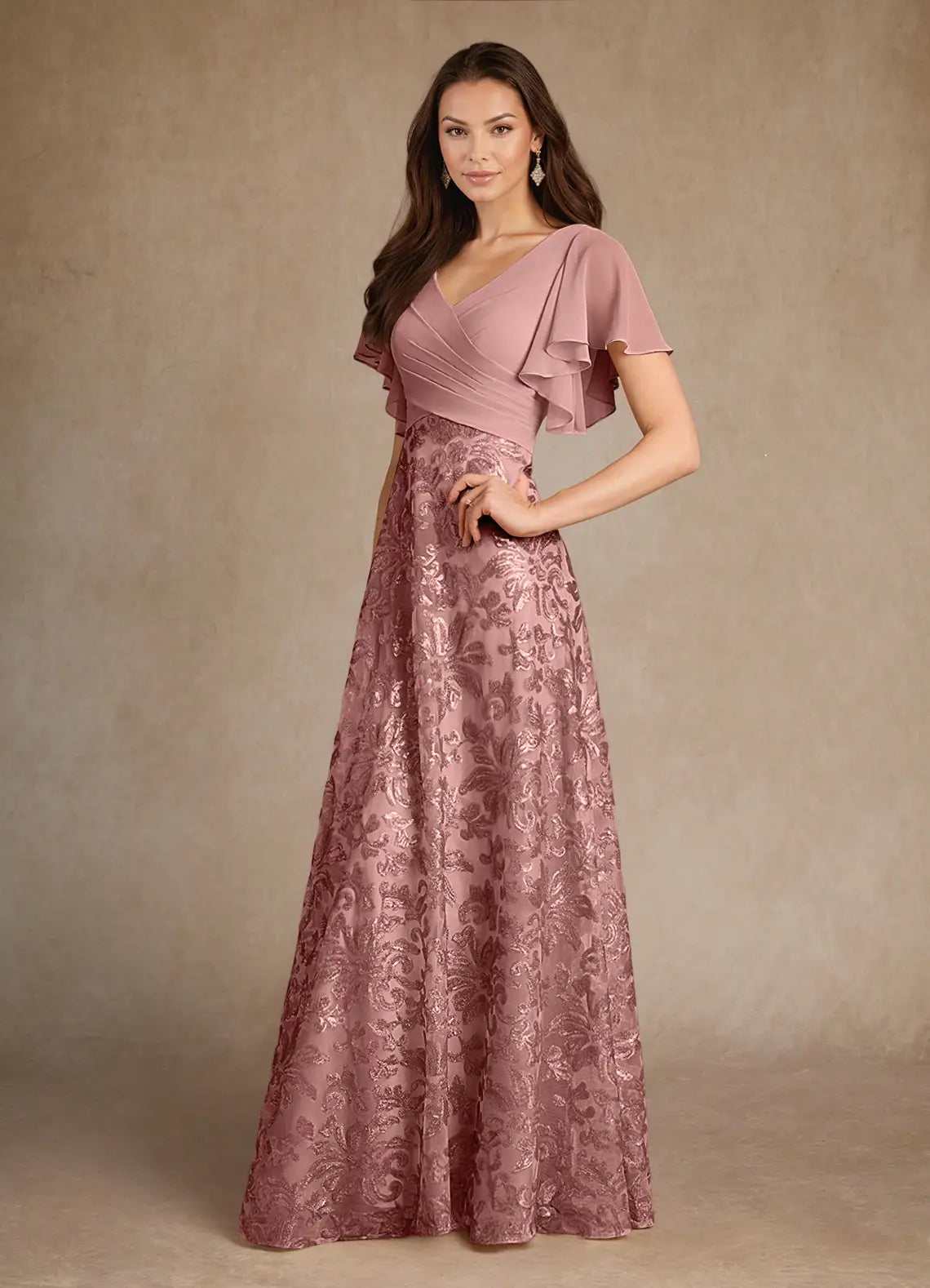 Elegant A-Line V-Neck Pleated Chiffon Sequin Floor Length Mother of the Bride Dress