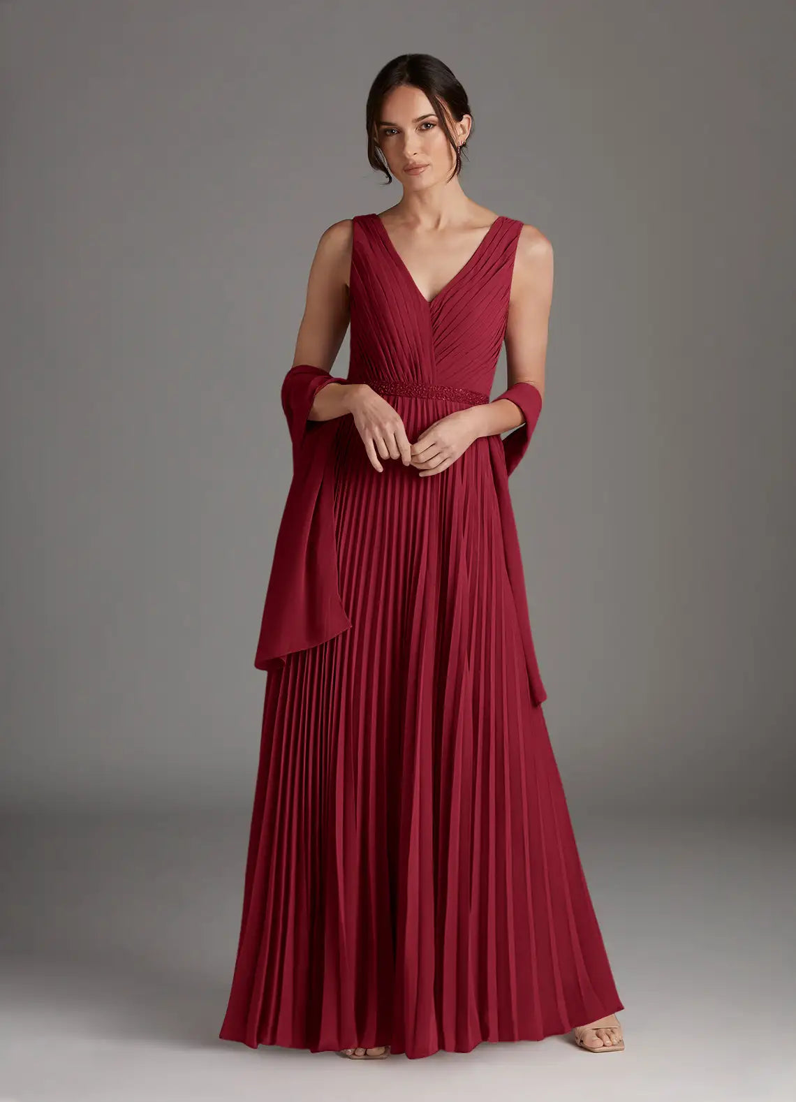 Elegant A-Line V-Neck Chiffon Maxi Pleated Formal Mother of the Bride Dress