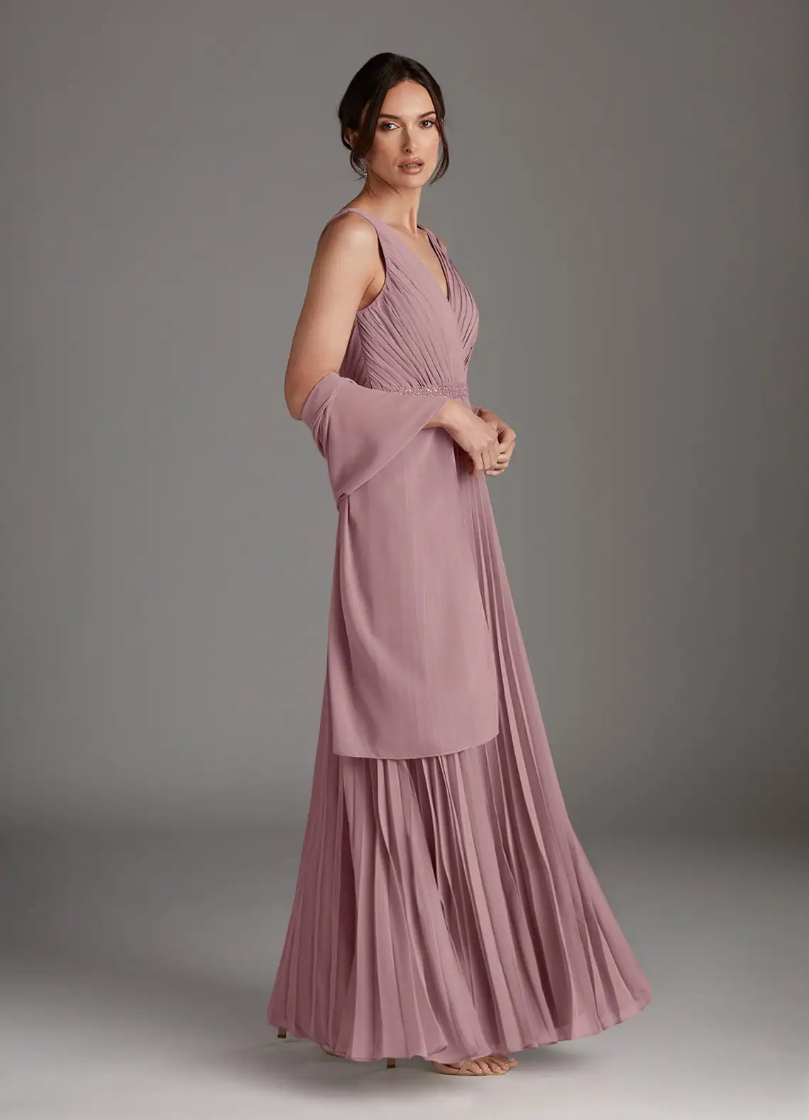 Elegant A-Line V-Neck Chiffon Maxi Pleated Formal Mother of the Bride Dress