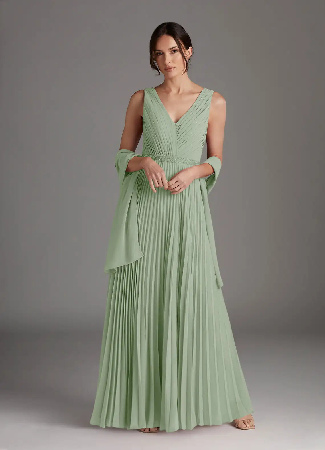Elegant A-Line V-Neck Chiffon Maxi Pleated Formal Mother of the Bride Dress