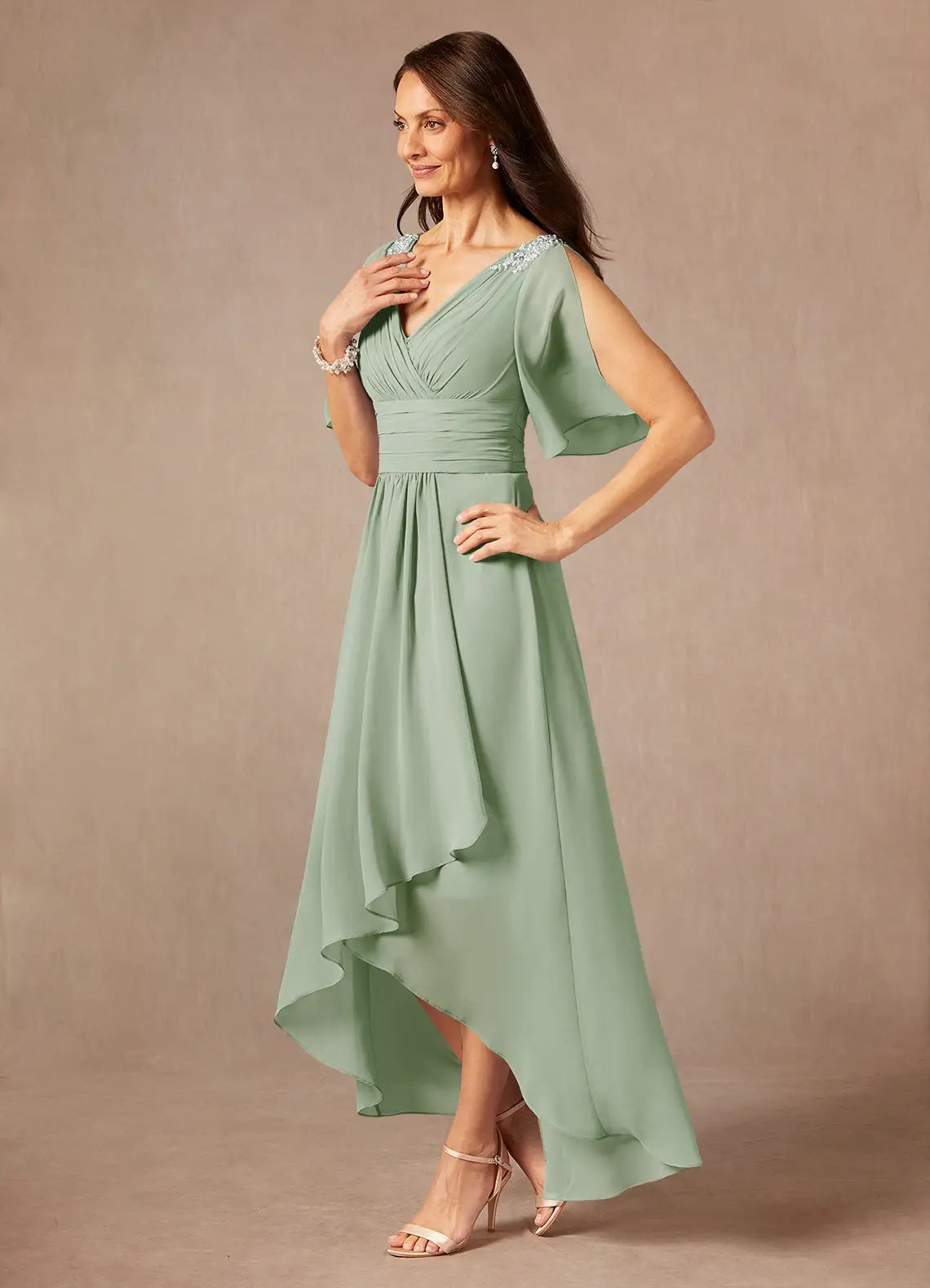Elegant A-Line V-Neck Chiffon Midi Mother of the Bride Dress with Bead Detail