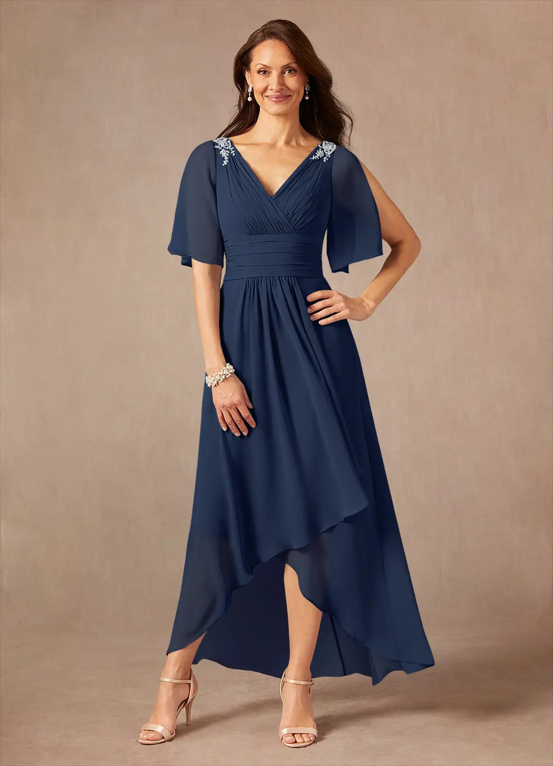 Elegant A-Line V-Neck Chiffon Midi Mother of the Bride Dress with Bead Detail