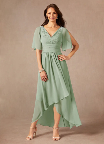 Elegant A-Line V-Neck Chiffon Midi Mother of the Bride Dress with Bead Detail