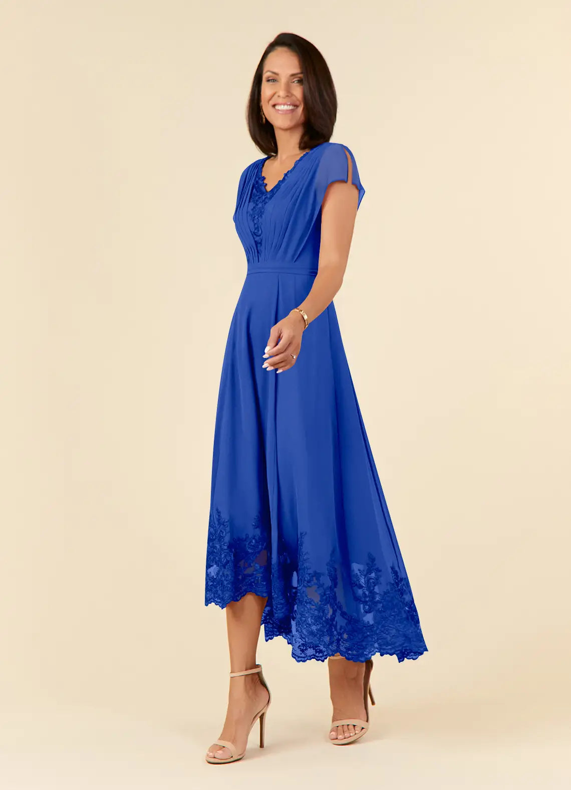 A-Line V-Neck Chiffon Midi Lace Formal Mother of the Bride Dress