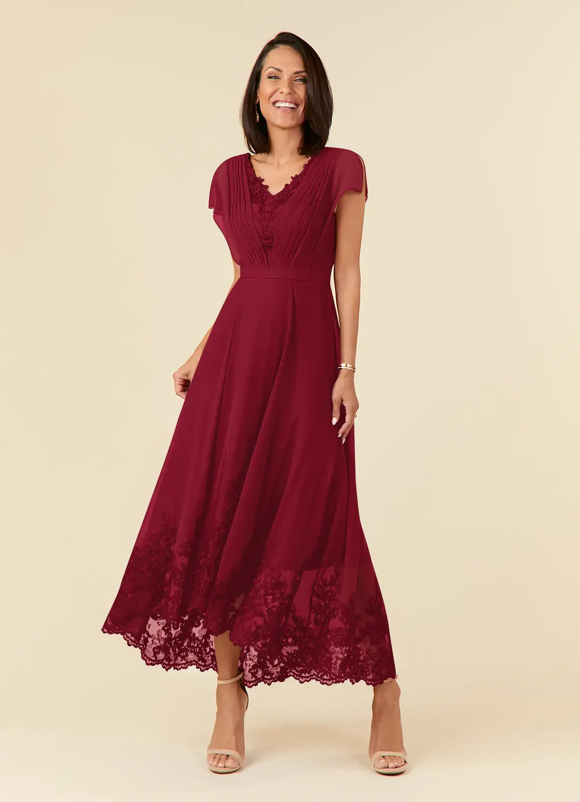 A-Line V-Neck Chiffon Midi Lace Formal Mother of the Bride Dress