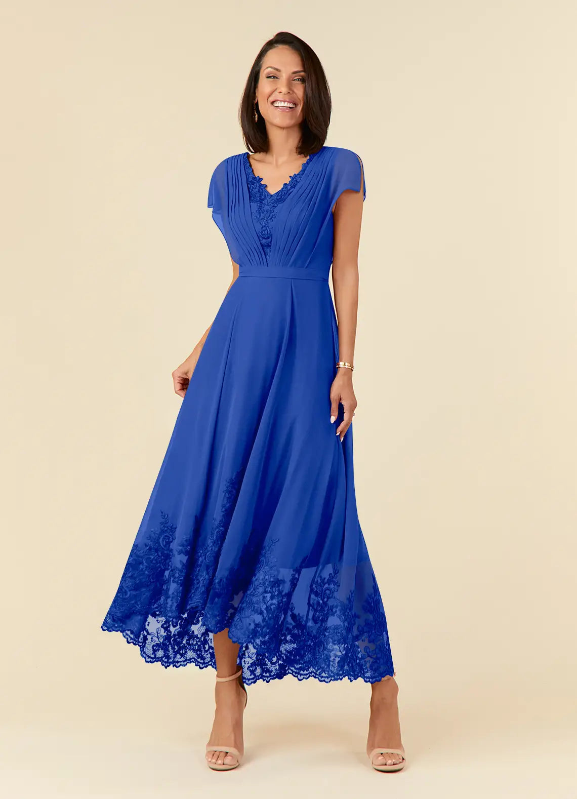 A-Line V-Neck Chiffon Midi Lace Formal Mother of the Bride Dress