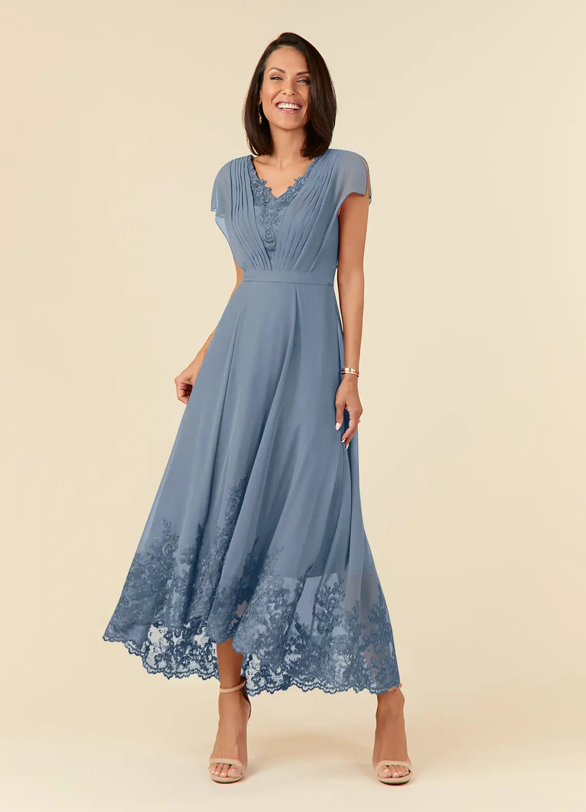 A-Line V-Neck Chiffon Midi Lace Formal Mother of the Bride Dress