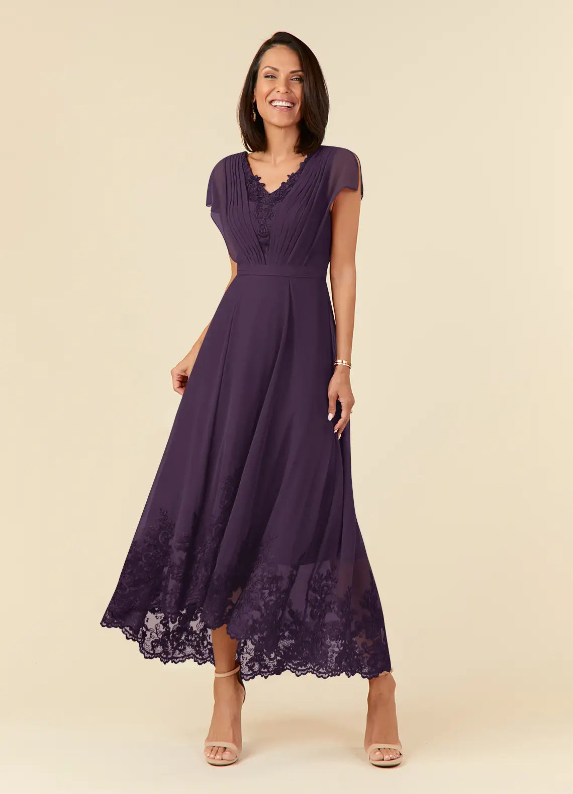 A-Line V-Neck Chiffon Midi Lace Formal Mother of the Bride Dress