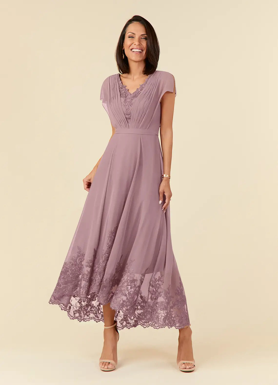 A-Line V-Neck Chiffon Midi Lace Formal Mother of the Bride Dress