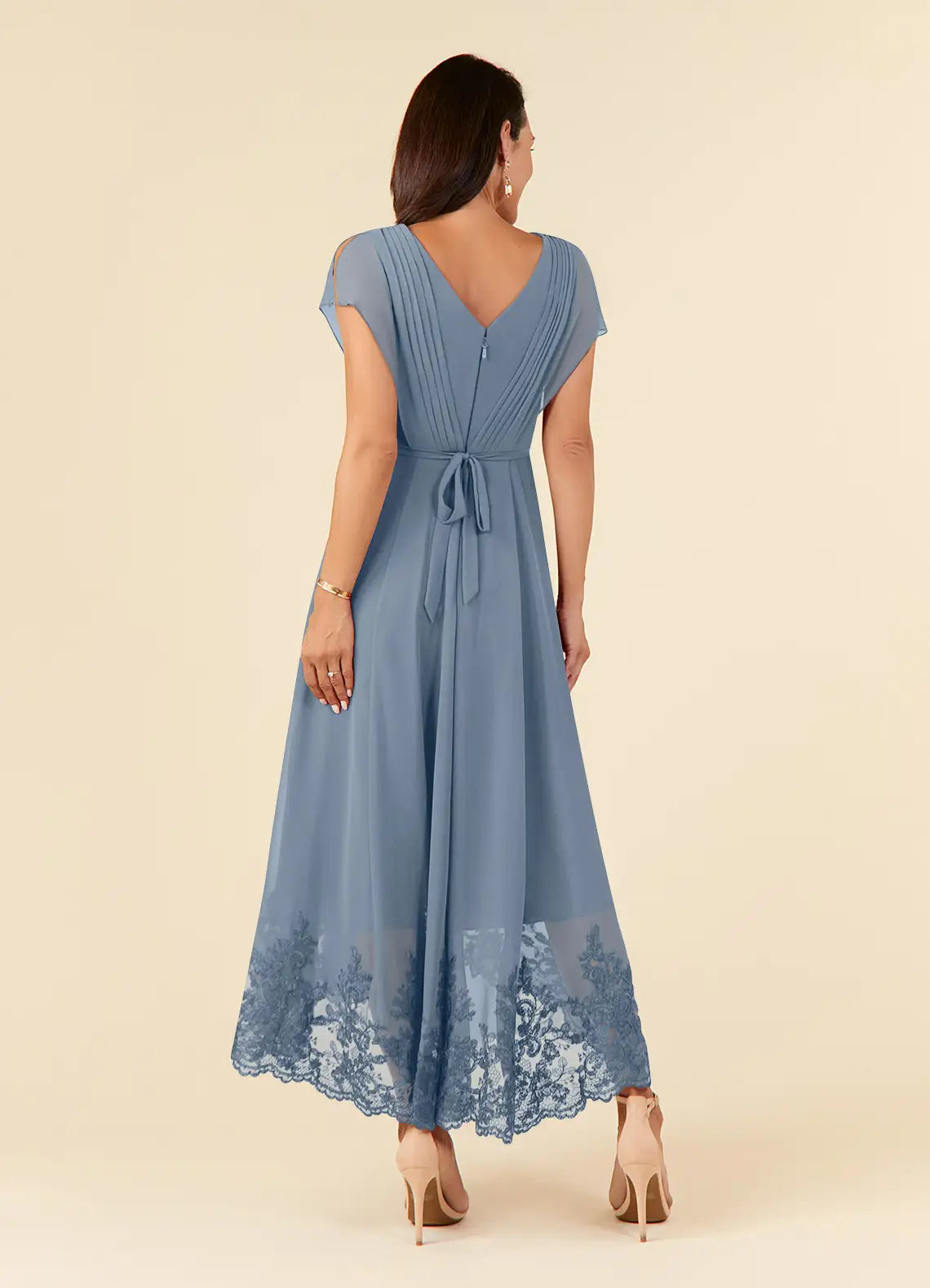 A-Line V-Neck Chiffon Midi Lace Formal Mother of the Bride Dress